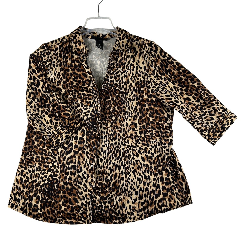 Lane Bryant Shirt Womens 16 Brown Leopard Button Up 3/4 Sleeve Tunic Top
